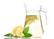 pitcher of lemonade, lime and lemon isolated on white