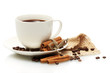 cup of coffee, beans and cinnamon sticks isolated on white