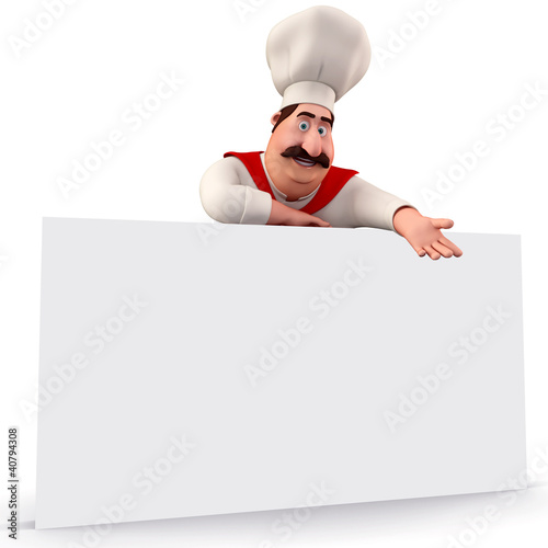 Illustration: Smiling chef pointing towards sign Smiling chef pointing towards sign