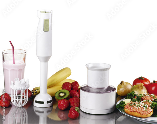 Photo: Smoothie,fresh fruits, milk shake with small electric blender Smoothie,fresh fruits, milk shake with small electric blender