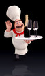 Happy chef holding wine bottle
