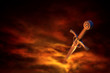 Photo en ligne au meilleur prix 3D illustration of a medieval sword in fire smoke
