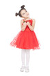 Little girl with strawberry on white background