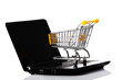 Online shopping. Shopping cart with notebook on the white.