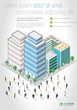 Template with business people in front of a isometric city