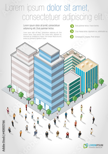 Vector: Template with business people in front of a isometric city Template with business people in front of a isometric city