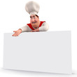 Chef pointing towards sign
