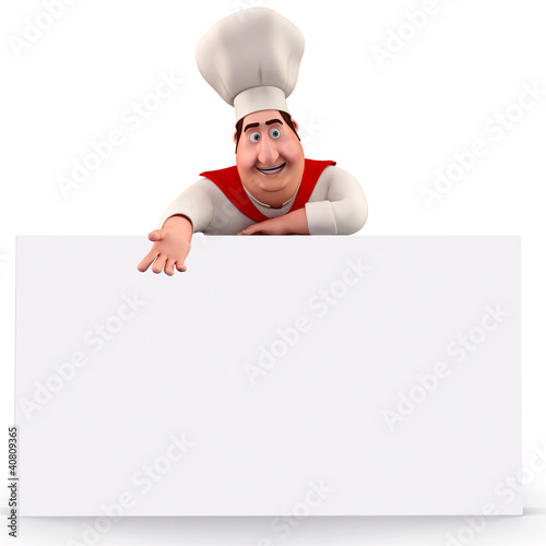 Illustration: Smiling chef pointing towards sign Smiling chef pointing towards sign