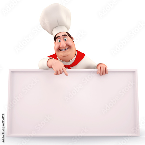 Illustration: Happy chef pointing towards sign Happy chef pointing towards sign