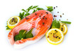 Red fish with lemon, parsley and pepper isolated on white.