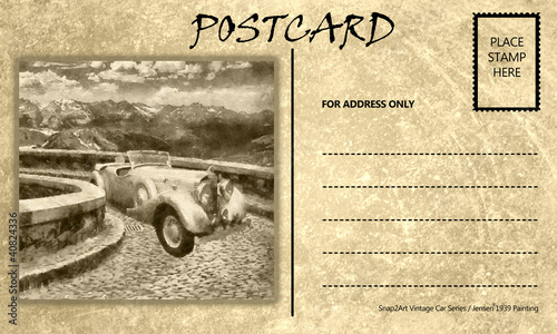 Illustration: Vintage Empty Blank Motor Car Postcard Template Vintage Empty Blank Motor Car Postcard Template