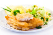 Fish dish - fried fish fillets and vegetable salad