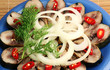 Smoked fish slices, onion and dill Smoked fish slices, onion and dill