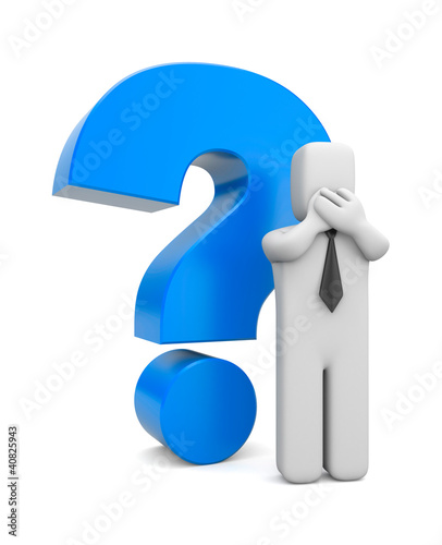 Illustration: 3d person businessman with blue question mark 3d person businessman with blue question mark
