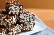 Puffed rice chocolate squares, made at home, detail