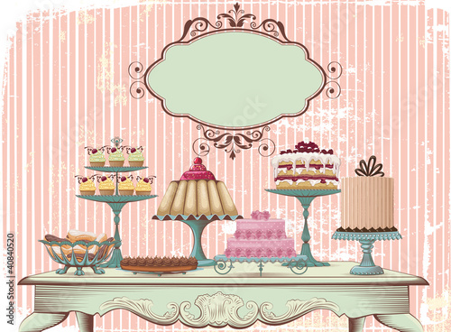 Vektor: Old-fashioned table is set with different cakes Old-fashioned table is set with different cakes