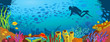 Cartoon colored coral reef and diver