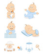 Vector: Lovely baby boy with toys and accessories in blue color Lovely baby boy with toys and accessories in blue color