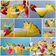 Collage with pictures of different cocktails and fruits