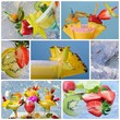 Collage with pictures of different cocktails, ice and fruits