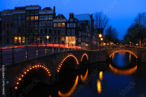 Photo: Amsterdam Canal at Dusk with Light Trails Amsterdam Canal at Dusk with Light Trails