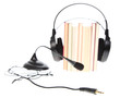 Books stack and headset with a microphone isolated