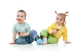 happy children little girl and boy eating ice-cream on white bac