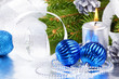 Blue christmas balls and silver candle Blue christmas balls and silver candle