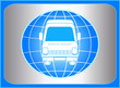 blue sign with planet and mini bus silhouette