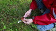 Child is picking edible boletus mushrooms in the forest