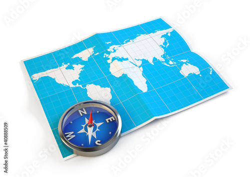 Illustration: Navigation concept - Compass and world map Navigation concept - Compass and world map