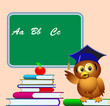 owl points to school board on pile of the books apple owl points to school board on pile of the books apple