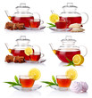 Set of teapot with black tea isolated on white