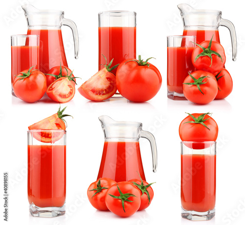Photo: Set of tomatoes juice in pitcher with fruits isolated Set of tomatoes juice in pitcher with fruits isolated