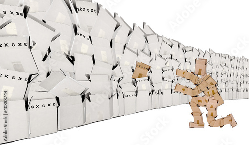 Photo: Unique concept with box wall and box man Unique concept with box wall and box man