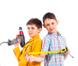 Two cute boys with tape and a drill.