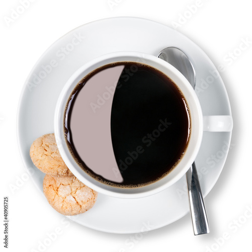 Photo: Cup of coffee and biscuits isolated clipping path. Cup of coffee and biscuits isolated clipping path.