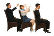 Business people on chairs gives papers