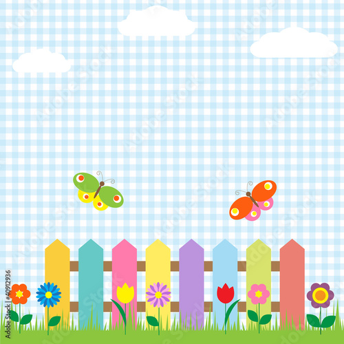 Vector: Colorful fence with flowers and butterflies Colorful fence with flowers and butterflies