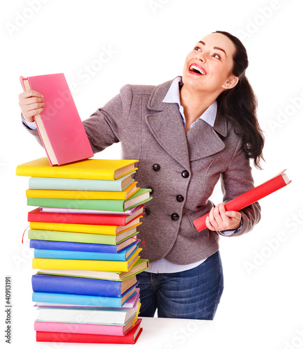 Photo: Woman holding book. Woman holding book.