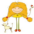 Sketch a little girl with a flower and a poodle dog