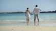 Romantic couple holding hands on the beach, slow motion