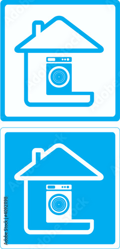 Vector: blue symbol with washing mashine and house silhouette blue symbol with washing mashine and house silhouette