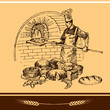 Baker holding baking pan into wood oven