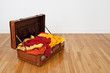 Leather suitcase full of orange and yellow clothing Leather suitcase full of orange and yellow clothing