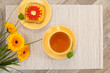 tea with cake and gerberas flowers