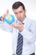 man holding a globe on his hand