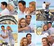 Various shots of a couple with bikes by the sea