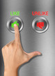 Human hand pressing LIKE button on metalic background
