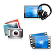 Set of glossy media icons - photo/music/video. Vector file.